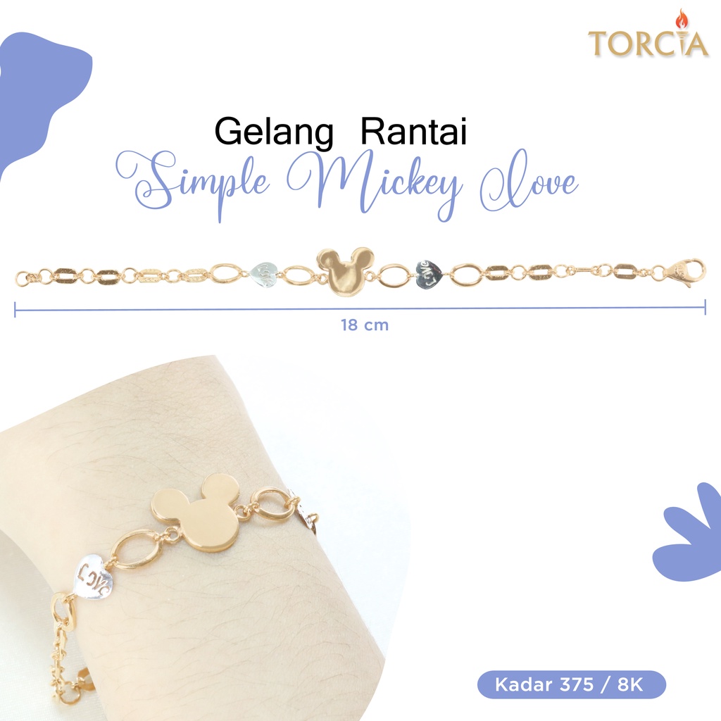 Gelang Rantai Emas Asli Simple Mickey Love Kadar 375 Torcia