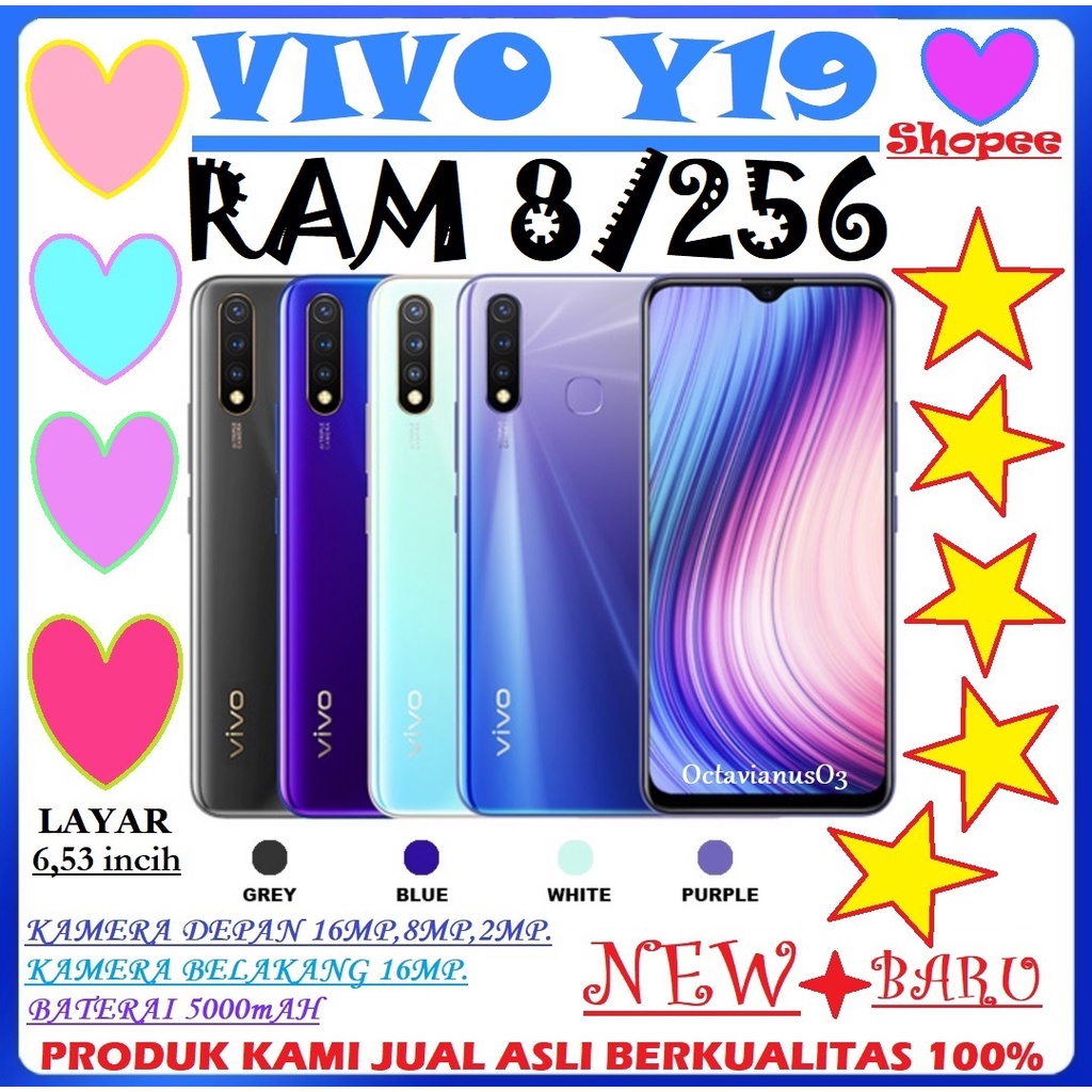 VIVO Y19 ORI RAM 8/256GB [IPS LCD Layar 6,53inci. 5000mAh. Camera16MP. 4G].BARU FULLSET SEGEL GARANSI 1TAHUN