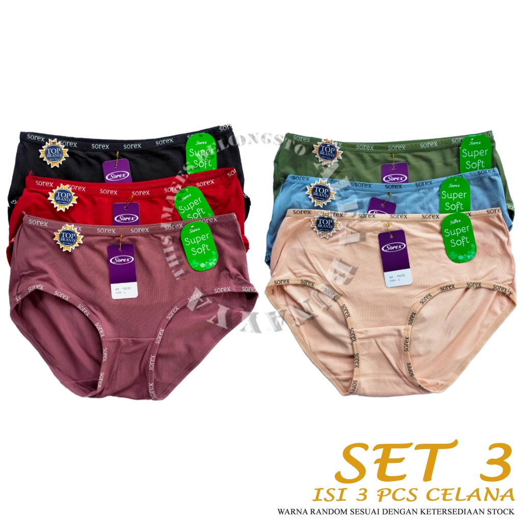 3 Pcs Celana Dalam Wanita SOREX 15232 - MIDI Cutting - Super Soft CD Underwear - Pakaian Dalam Wanita Katun Cotton