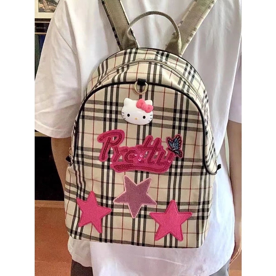 Sera kaka homemade y2k sweet hot girl star kitty cat KT student backpack classic plaid casual small schoolbag female