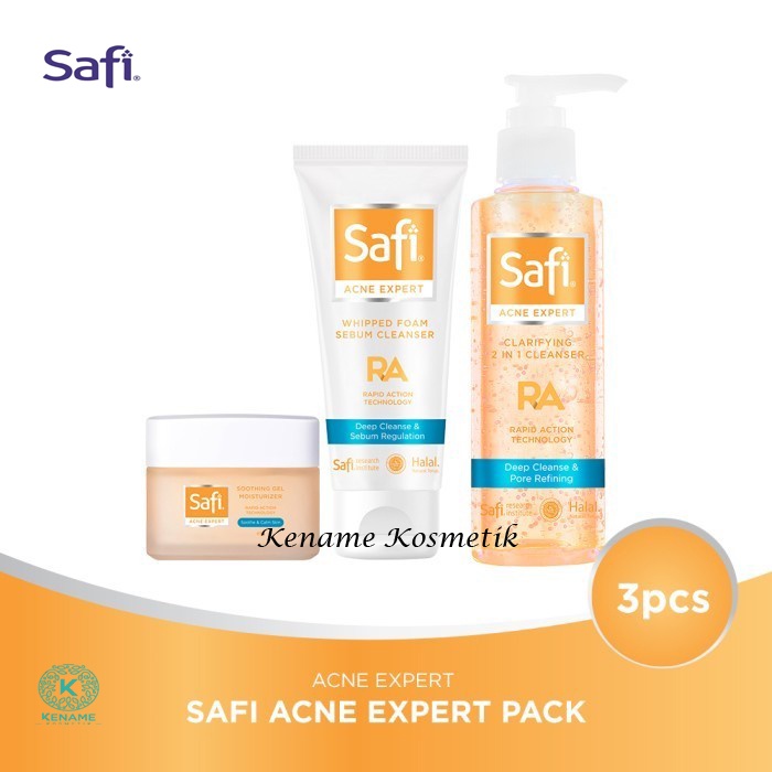 Paket Safi Acne Expert 3 Pcs Lengkap (Clarifying 2in1 Cleanser - Soothing Gel Moisturising - Whipped