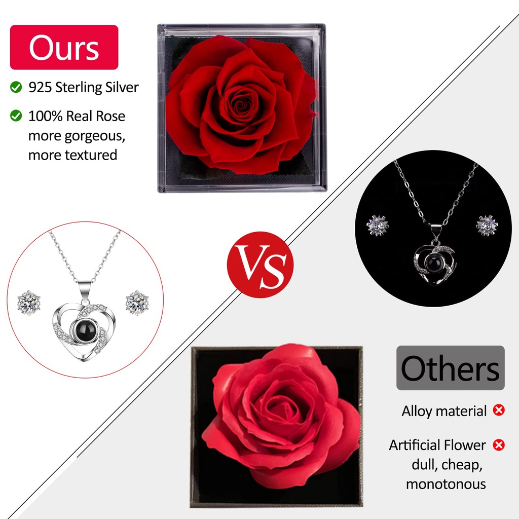 Topspot Preserved Red Real Rose with I Love You Necklace 925 Sterling Silver Kalung in 100 Languages -Eternal Flowers Rose Gifts for Mom Wife Girlfriend Her on Christmas Valentines Day Mothers Day Anniversary Birthday Gifts for Women