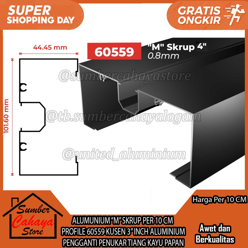ALUMUNIUM “M” SKRUP PER 10 CM PROFILE 60559 KUSEN 4” INCH PROFIL ALUMINIUM PENGGANTI PENUKAR TIANG K