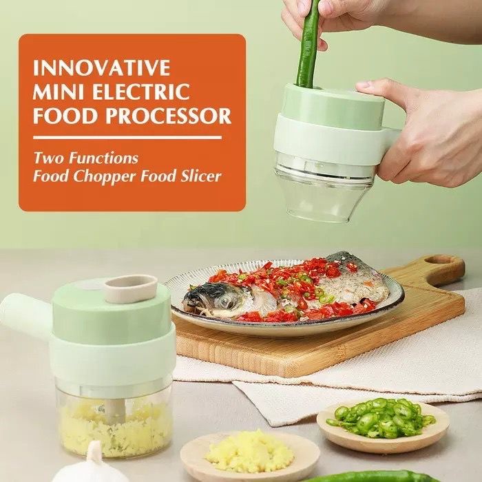 Alat Pemotong Sayuran Elektrik 4 In 1 Set Pemotong Kentang Pemotong Bawang Putih Cabe Mini Wireless Food Chopper Elektrik 4in1 Portable Model Genggam Elektrik