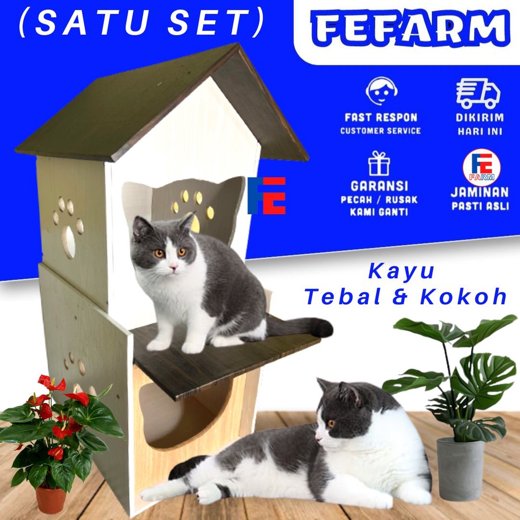 Rumah Kucing Susun Satu Set Kandang Tempat Tidur Kucing FEFARM