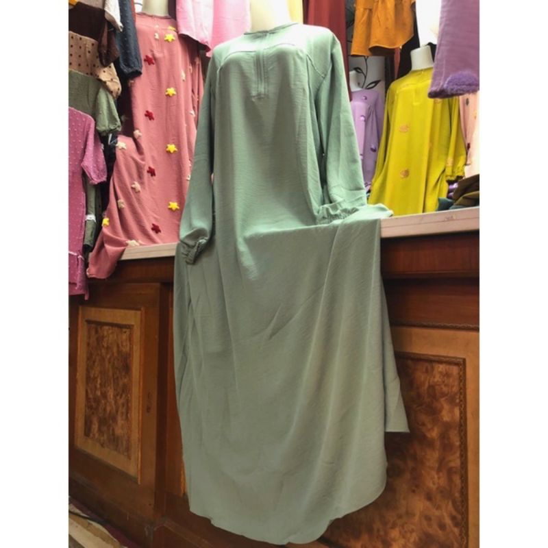 Gamis Lebaran Crincle Polos Warna Hijau Sage