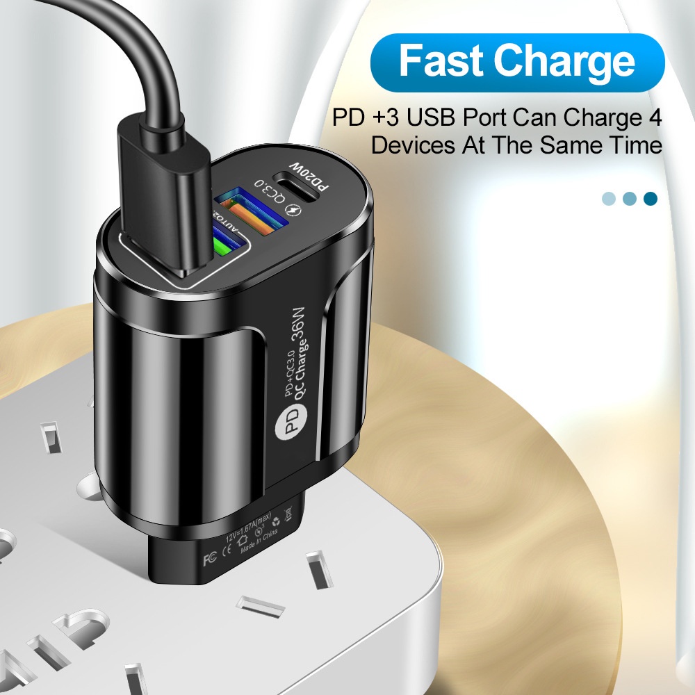 Adaptor Power Charger 36W 3 Port Usb + PD 4 Port QC3.0 + PD Portable Untuk Iphone Android