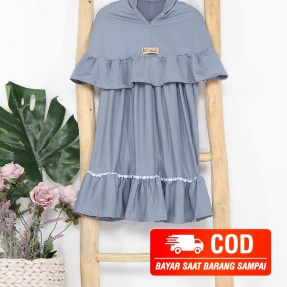 baju gamis putih polos anak fashion muslim dress kids set hijab khimar - Grey, S