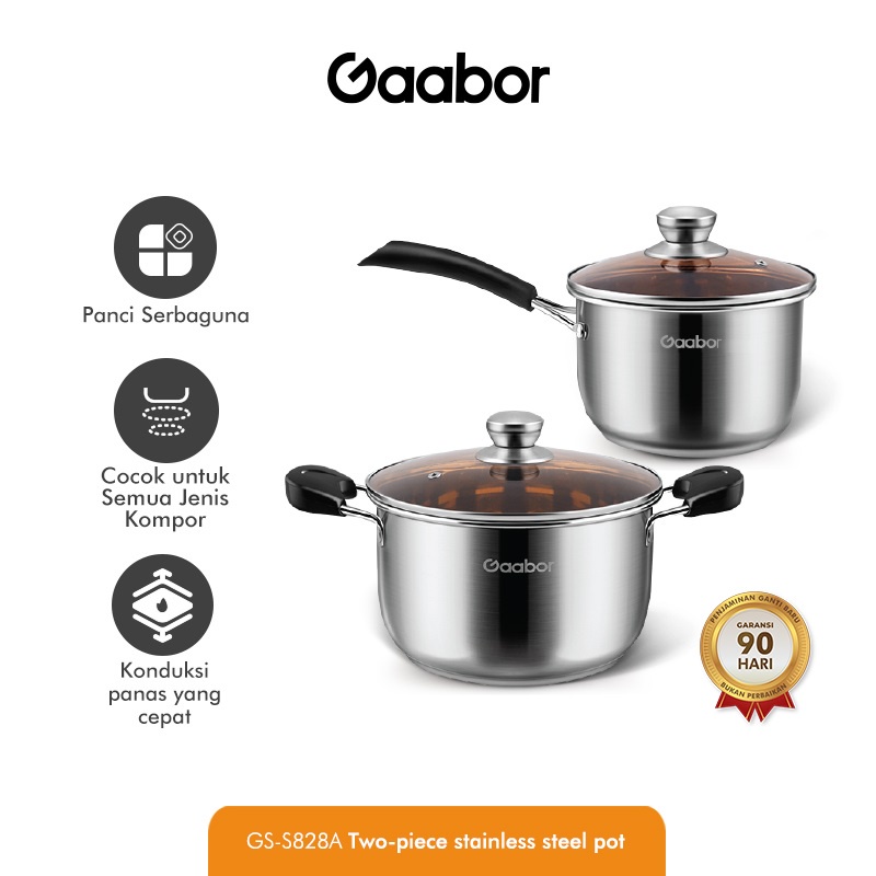 Premium (Mount) Gaabor Panci 2 Set Stainless Steel Tutup Kaca Panci Sop Panci Susu /GS-S82A