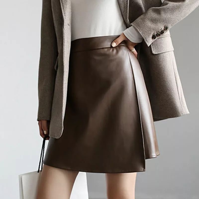 Rok kulit pendek wanita berlapis elegan/rok kulit wanita/leather skirt/Rok kulit Korean style