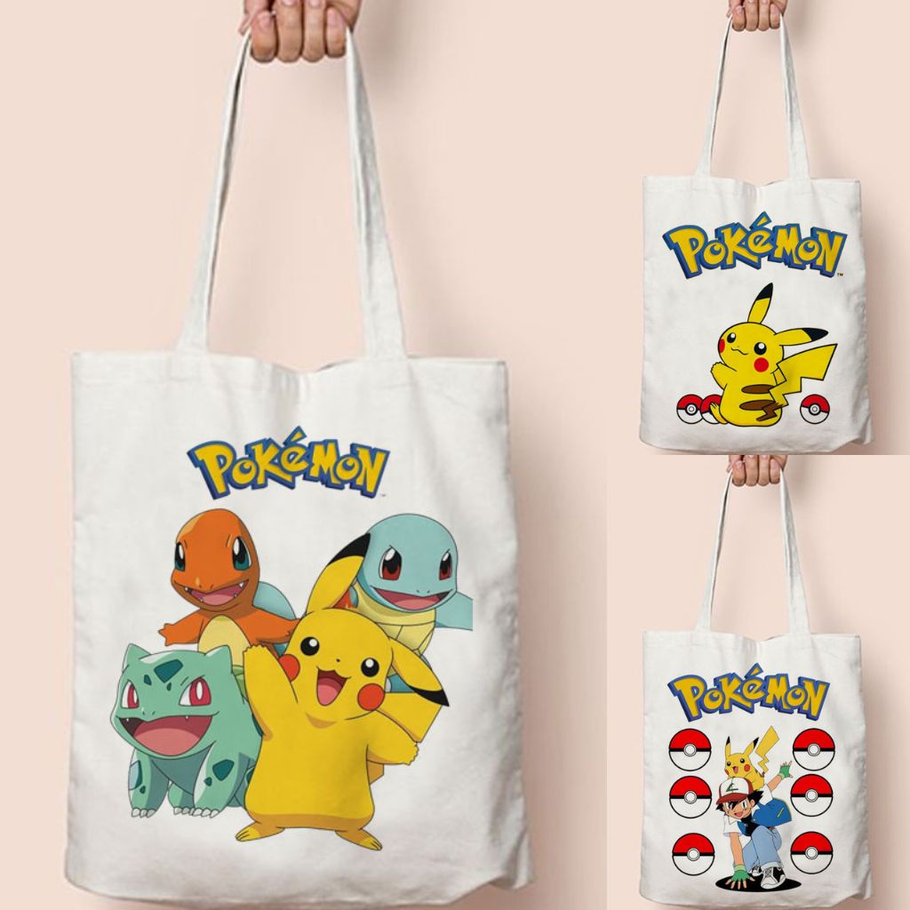 Totebag Tote Bag Pokemon Pikachu Lucu Tas Laptop Buku Sekolah Anak Goodie Bag Ultah Ulang Tahun Souvenir