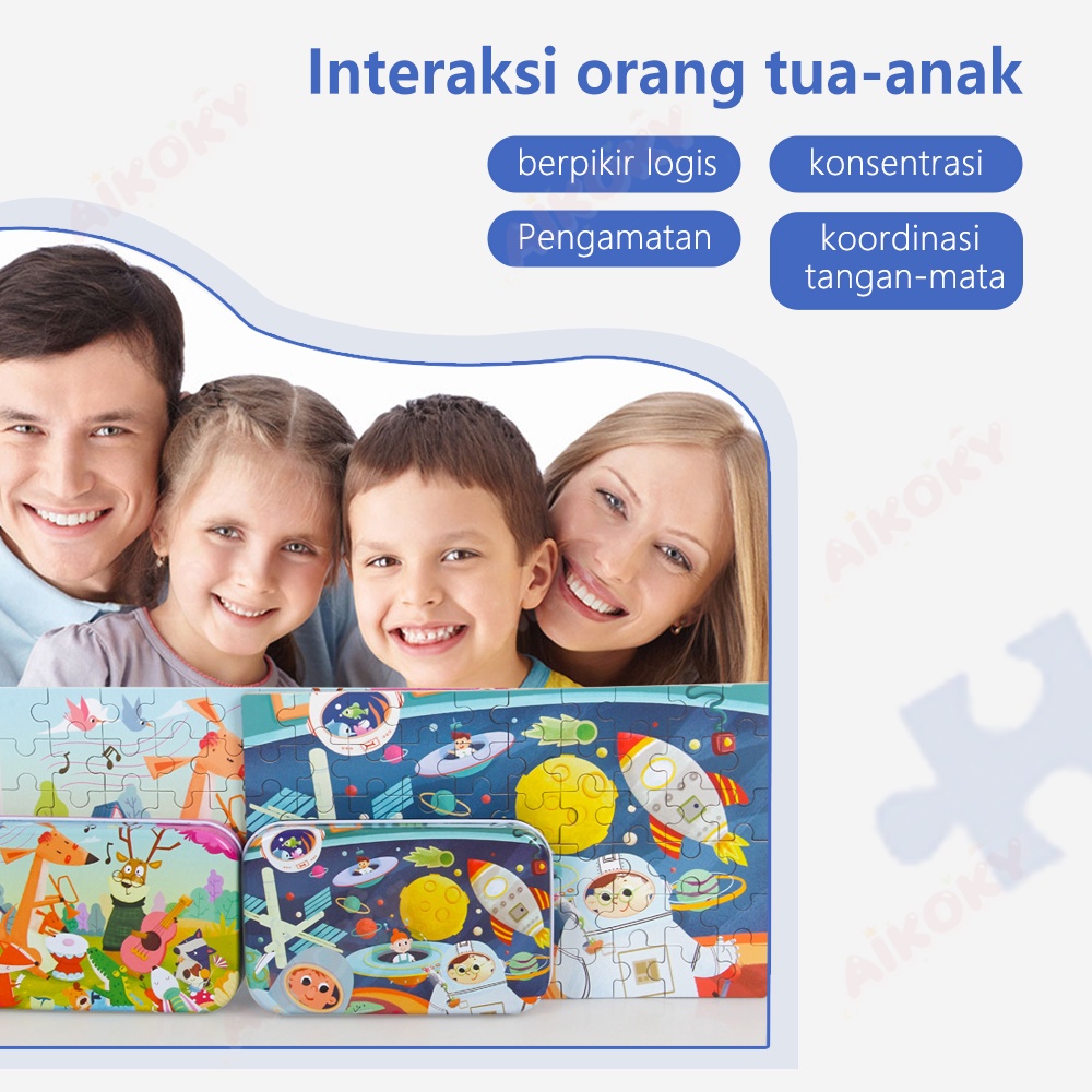 Aikoky Puzzle Kayu Kotak Besi 60PCS/Puzzle kaleng 60PCS/Wooden toys/Mainan kayu edukasi anak