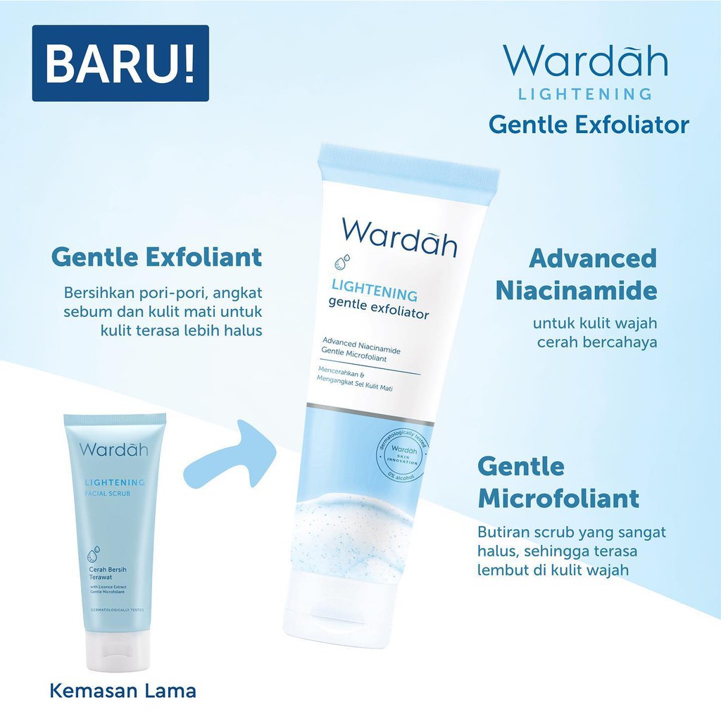 Wardah Lightening Gentle Exfoliator Scrub exfoliating wajah dengan Advanced Niacinamide 50 gr