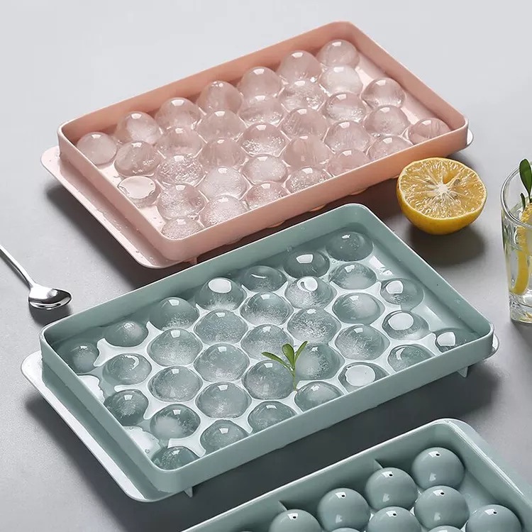 Cetakan Es Batu Bulat 33 Hole Grid Ice Cube Tray Cetakan Jelly Agar-Agar Coklat 33 Lubang Bulat Round dengan Tutup Tempat Es Batu Bulat Tutup Serbaguna