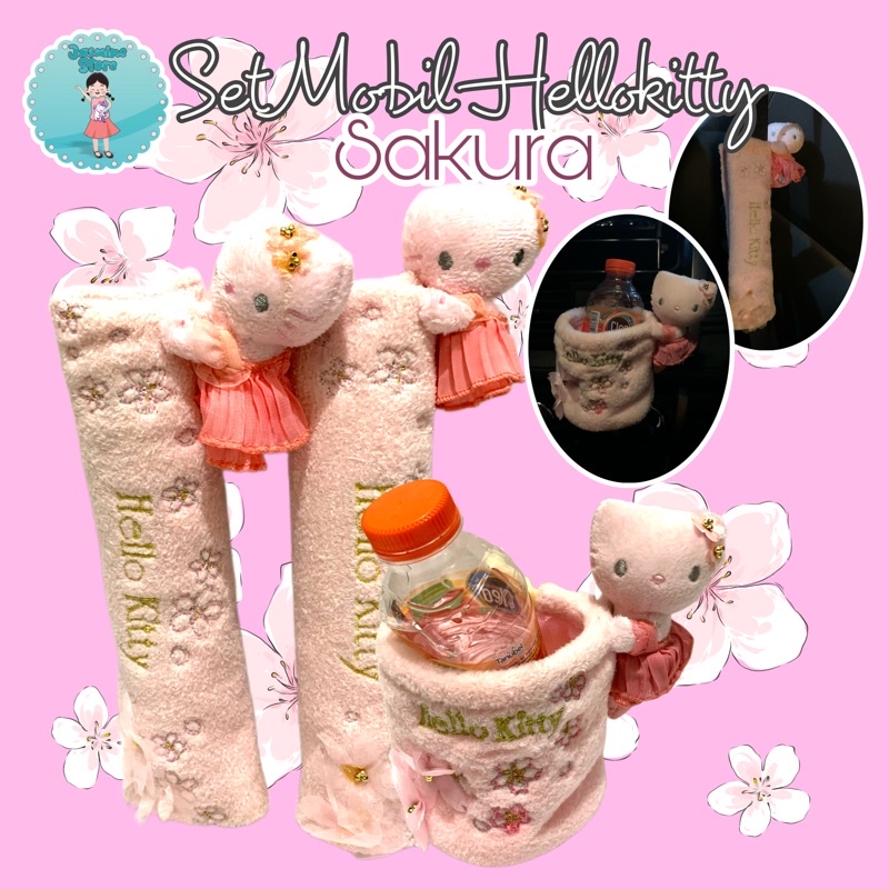 Set Mobil Hellokitty Sakura/Sarung Seatbelt Hellokitty/Tempat Botol Minum Hellokitty Sakura/Set Sarung Mobil Hellokitty Sakura