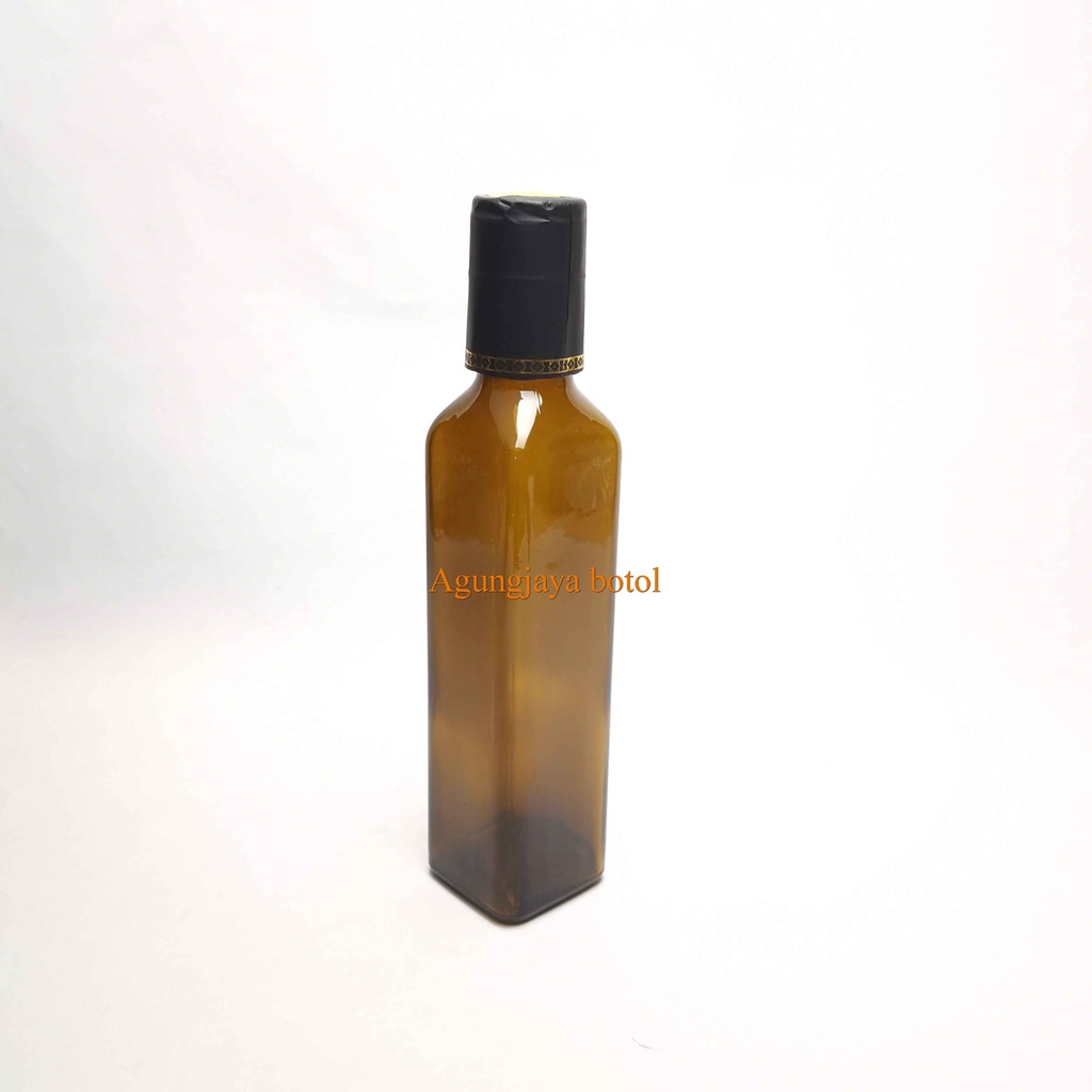 Botol Kaca Food 250 Ml Square VCO Amber Tutup Hijau Tidak Segel / Botol Kaca VCO / Botol Kaca Food /