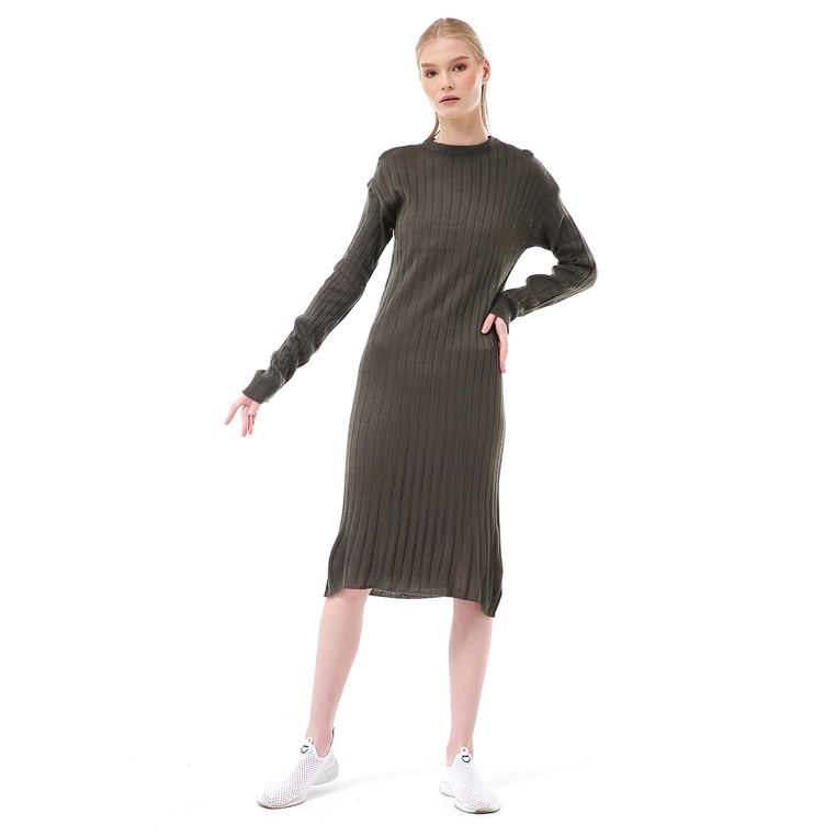 Adela Dress Rajut Tunik Wanita Motif Polos Long Sleeve Relaxed Fit - Army