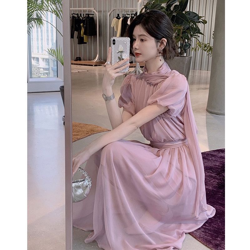 Gaun ungu desain niche gaun peri gaun peri Prancis vintage rok rasa tinggi teh istirahat cinta perta