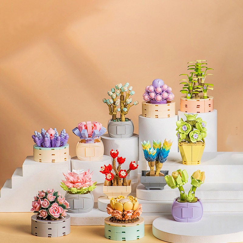 Nano Block Flowers Pot Sukulen Bunga Model DIY Mainan Balok Buket Mainan Pendidikan