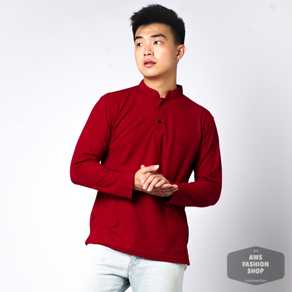 819 Kaos Polo Pria Polo Shirt Kerah Shanghai Lengan Panjang Warna Merah Maroon Red Casual Tersedia Ready Sampai Size JUMBO BIG SIZE XXL XXXL