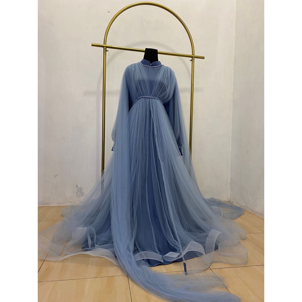 Khadijah Double Tulle Denim Premium | Gaun Pesta | Dress Kondangan | Dress Maternity | dress maternity hijab | gaun maternity