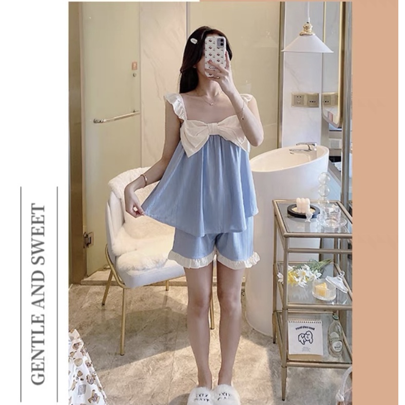 Baju Tidur Piyama set Bow Camisole Cute Putri Manis Baju Pendek Celana Pendek Sweet Import