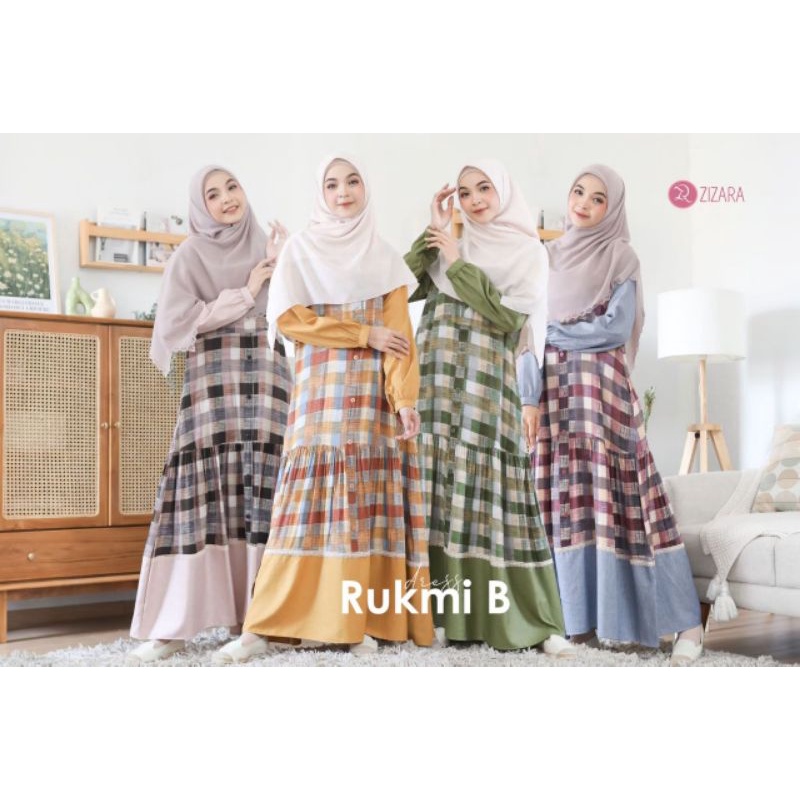 Dress Rukmi (tersisa warna kuning/oren) - Zizara - Gamis Kombinasi Rayon Diamond Motif Kotak-Kotak d