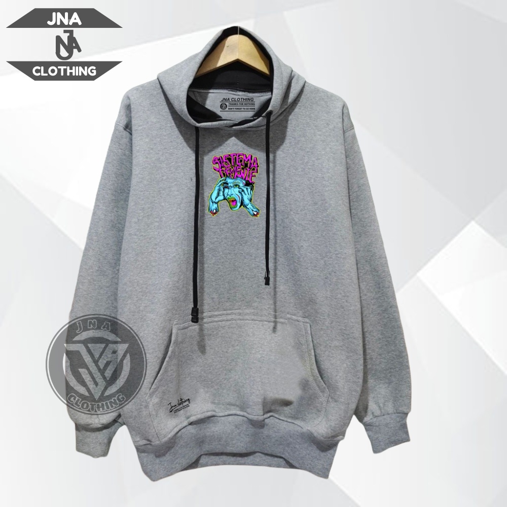 Hoodie Pria Katun Flece Tebal Lembut Dan Adem Seweter Abu Misty Oversize Sablon Graffity Anime SISTEMA Original Premium Distro