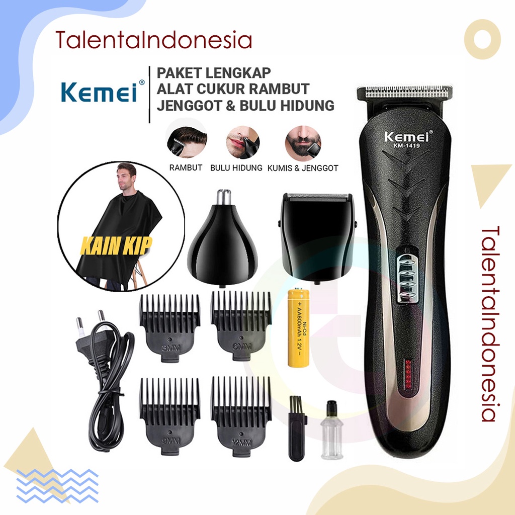 Kemei Alat Cukur Rambut Elektrik Hair Clipper Profesional Cukuran Rambut Paket Terlengkap Kumis Jenggot Bulu Hidung Charger