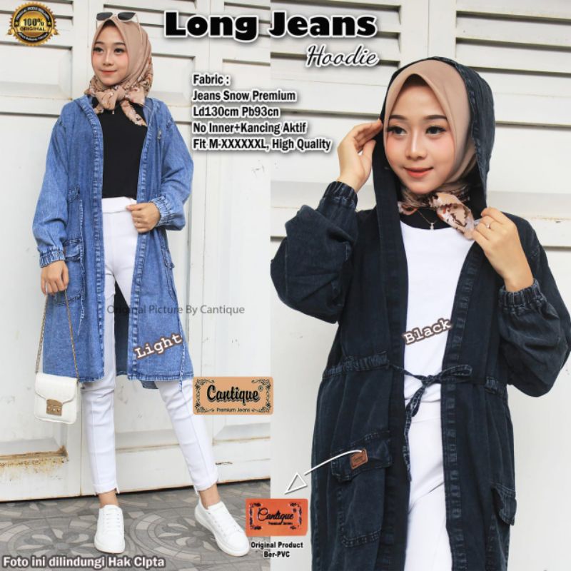 LONG JEANS HOODIE JAKET TUNIK JEANS WANITA JUMBO/JEANS SNOW PREMIUM LD 130 CM FIT XXXXL