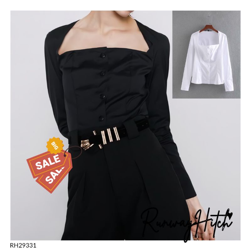 SQUARE NECK BLOUSE HITAM IMPORT RH29331 / BLOUSE PUTIH KERAH PERSEGI