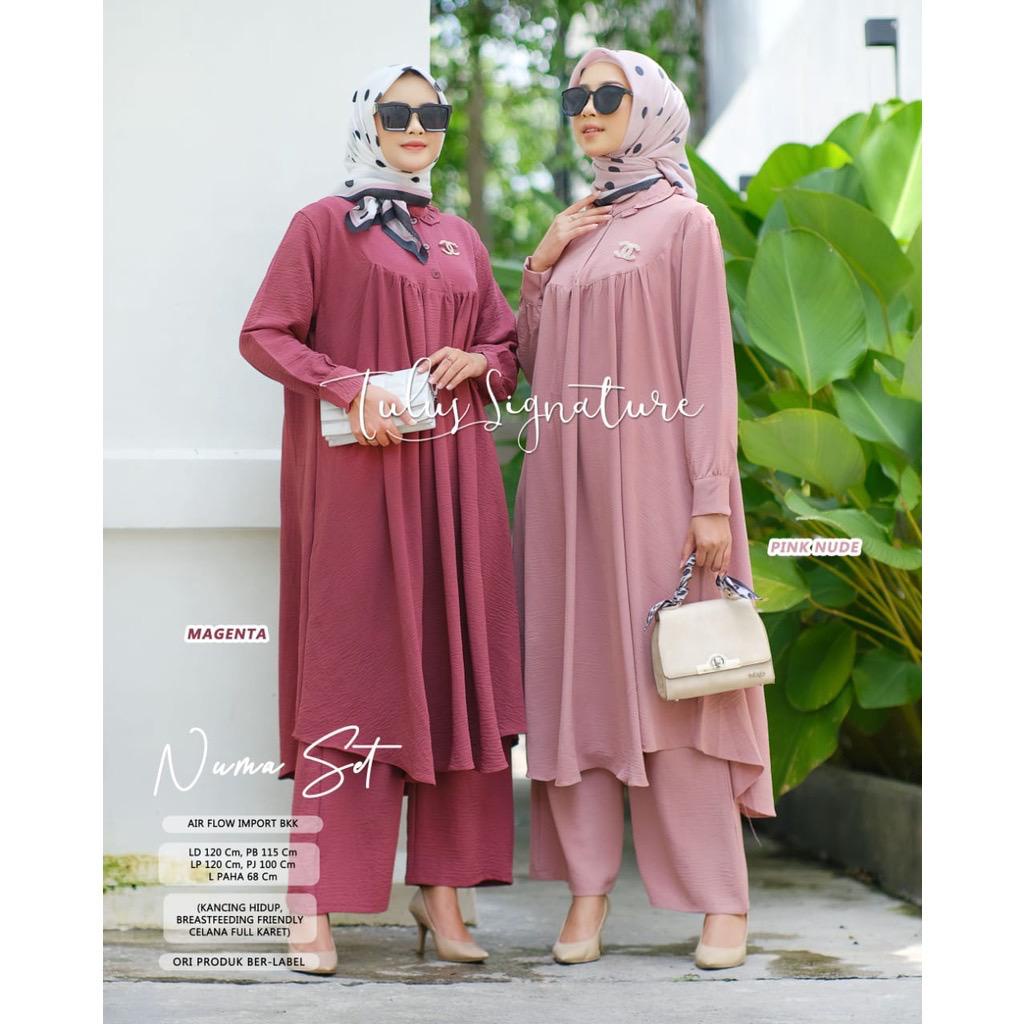 Marwah Set Crinkle Jumbo  Baju Setelan Wanita Kekinian / Long Tunik Set Celana Crinkle Airflow Ld 120 Cm Pakaian Wanita Terbaru