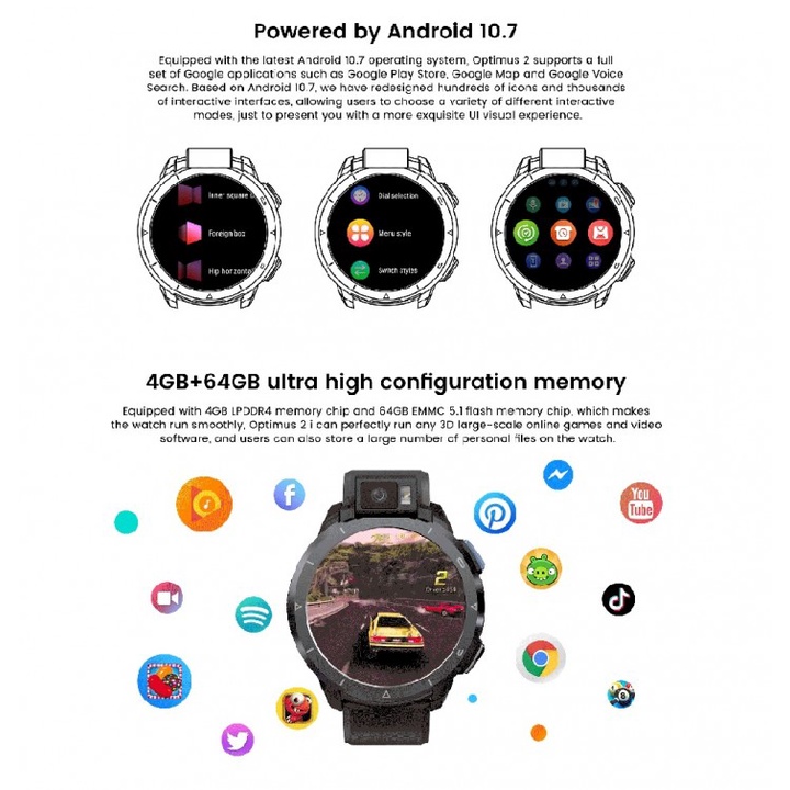 PS6187 KOSPET OPTIMUS 2 Smart Watch - Android 4G WiFi - 1.6-inch IPS Display
