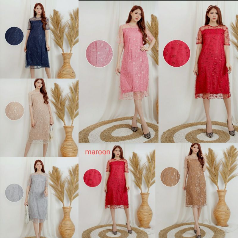 REAL PICT DRESS NATASHA BRUKAT BORDIR TULLE MUTIARA BROKAT TILLE BROKAT TILE DRESS 7 WARNA SD