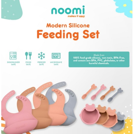 NOOMI PERLENGKAPAN MAKAN MODERN SILICONE FEEDING SET FISRT FOOD SET ISI 3 mpasi peralatan