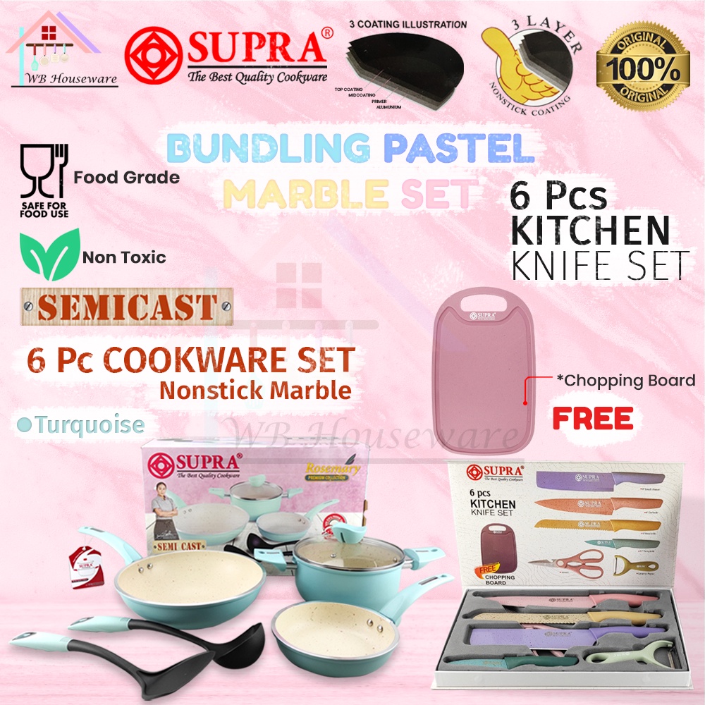 Supra 6pcs pastel white marble turquoise + 6pcs knife set stainless + cutting board / 12pcs cookware