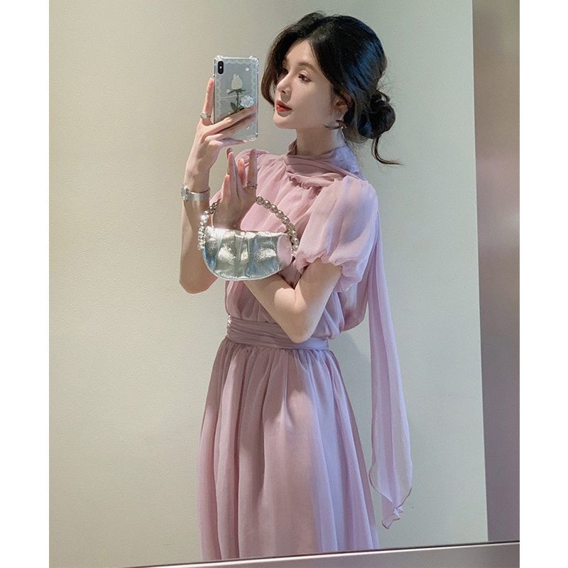 Gaun ungu desain niche gaun peri gaun peri Prancis vintage rok rasa tinggi teh istirahat cinta perta