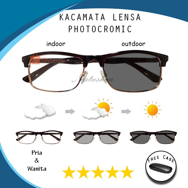 KACAMATA PHOTOCROMIC FASHION BINGKAI MODEL KOTAK CLUBMASTER METAL KACAMATA LENSA BERUBAH WARNA PRIA WANITA FREE CASE