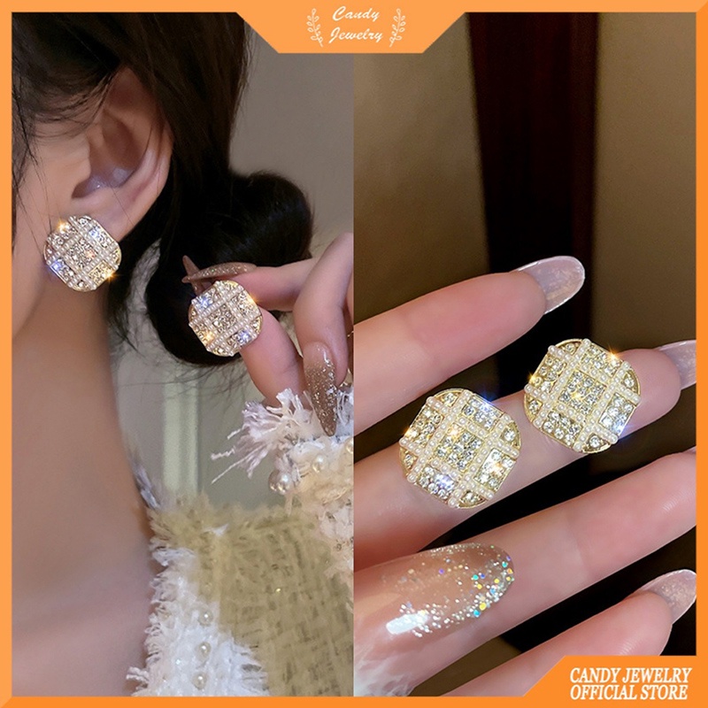 Anting Tusuk Sterling Silver 925 Bentuk Kotak Hias Mutiaraberlian Imitasi Ala Korea Untuk Wanita
