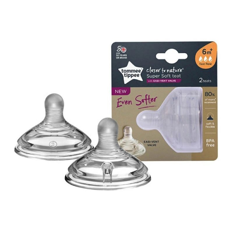Dot Nipple Tommee Tippee Closer to Nature Super Soft Teats FAST FLOW Size 6m+ with Easi-vent Valve isi 2