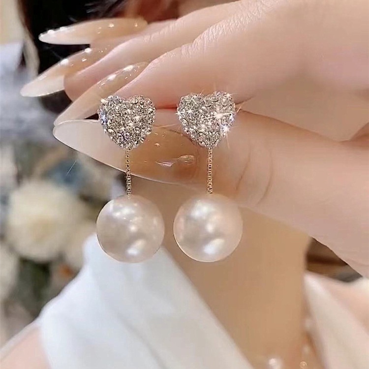 Anting Tusuk Gantung Desain Hati Hias Kristalmutiara Gaya Simpleelegan Untuk Wanita