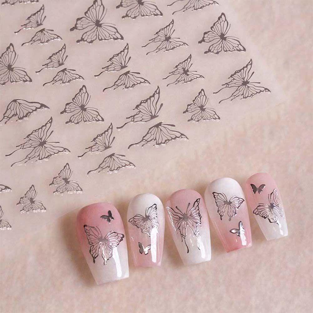 AUGUSTINA Agustina Butterfly Stiker Kuku Tangan Dicat Kupu-Kupu Korea Perekat Diri Hitam Putih Berongga Butterfly Nail Art Dekorasi