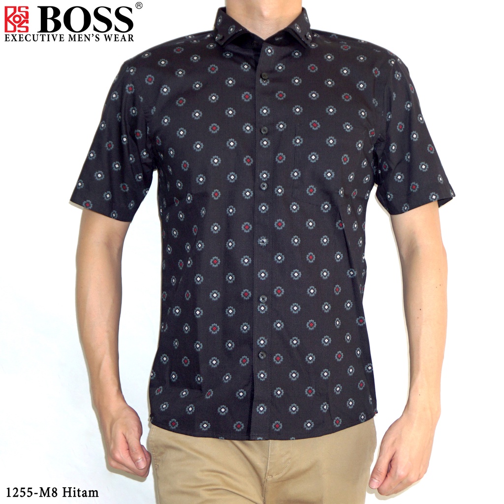 BOSS Kemeja Motif Pria Lengan Pendek Slim Fit 1255