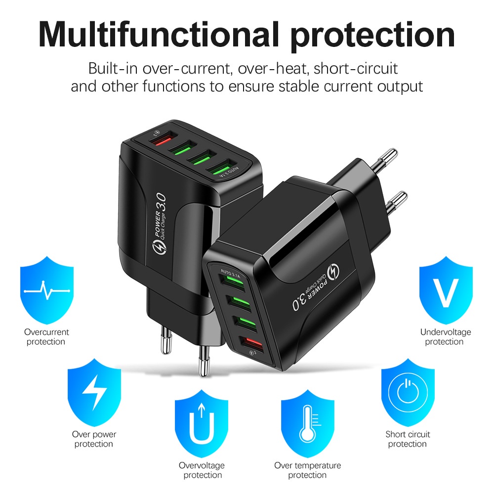 Adapter Charger Dinding 4 Port USB QC3.0 Fast Charging Untuk Iphone 13 14 Tipe C Android