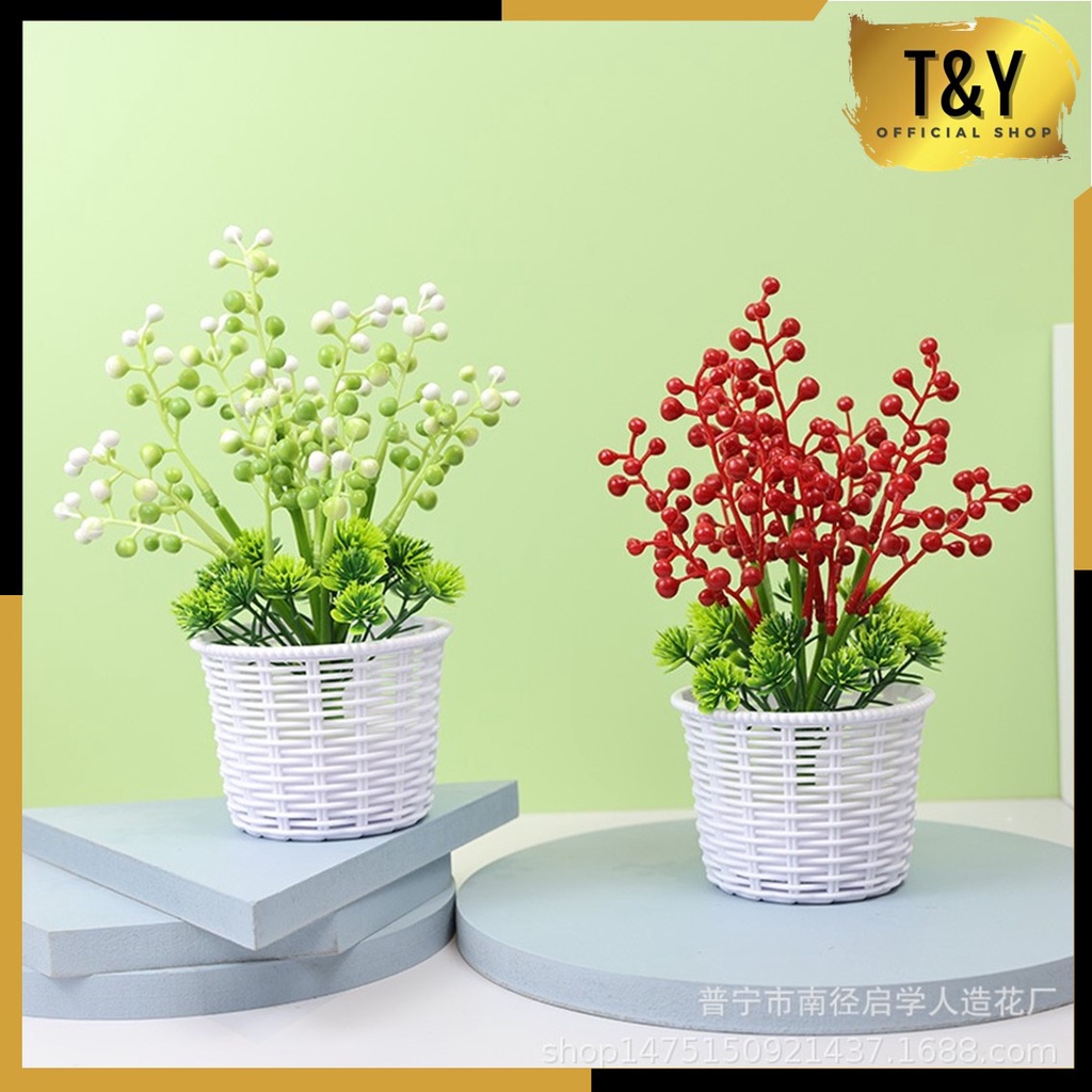 T&amp;Y Ornamen Tanaman Kacang Akasia BUNGA 50 Bunga Artifisial Plastik Pot Bunga Hias Bubble Berries Flower Decoration