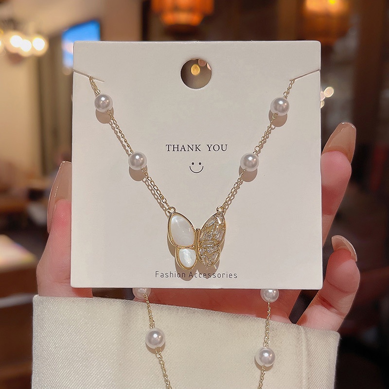 Kalung Rantai Panjang Dengan Liontin Kupu-Kupu Aksen Mutiara + Batu Zircon Mewah Untuk Wanita