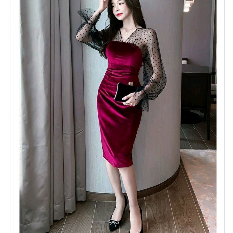 0999 Baju dress gaun VELVET BLUDRU lengan panjang Lace bodycon dres Korea Korean style hitam maroon 