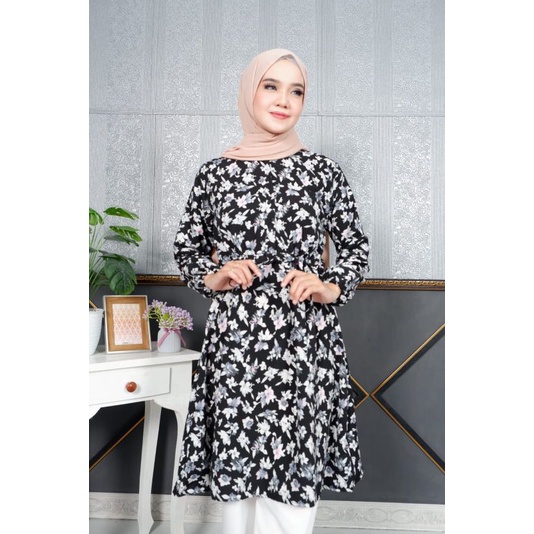 PROMO Tunik Wolfis Premium tali serut pinggang || Dress motif  bunga ootd outfit kantor kondangan