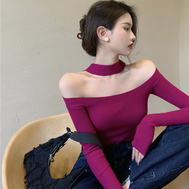 Suhao keinginan murni gaya satu bahu halterneck lengan panjang atasan awal musim semi rajutan bottoming kemeja bagian dalam wanita dengan selera desain niche yang unik