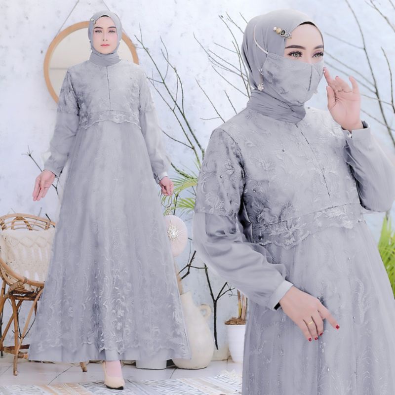 Baju Gamis Wanita Gaun Kondangan Brukat Fashion Muslim Pakaian Lebaran Terbaru 2023 Maxi Pesta Rona 